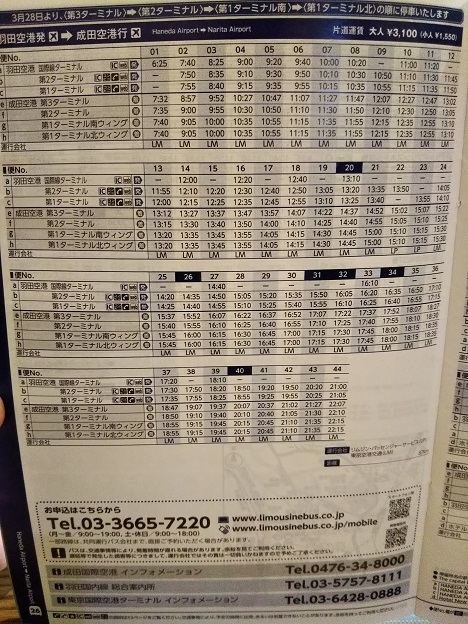 羽田空港 成田空港間のリムジンバス時刻表